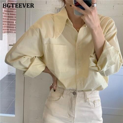 BGTEEVER Chic Simple Loose Single-breasted Women Shirts Blouses 2021 Summer Turn-down Collar Long Sleeve Female Tops Blusas