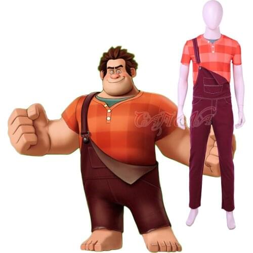 Cafiona New Ralph Breaks the Internet: Wreck-It Ralph 2 Wreck-it Ralph Cosplay Costume Grid Shirt Full Set