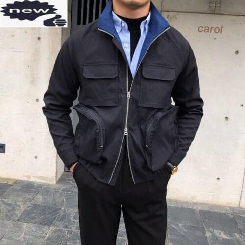 Design Cargo Jacket Japanese Slim Fit Zip Stand Collar Multiple Pockets Casual Outerwear Autumn Street Fashion Mens Jackets