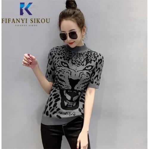 Stretch Knitting T-shirt Women 2020 Summer Fashion Leopard Print T shirt Turtleneck Short sleeve Tees Tops Loose Tshirt Female
