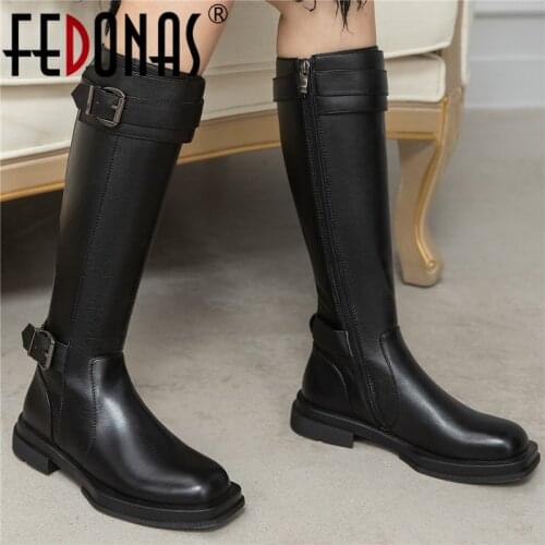 FEDONAS High Quality Genuine Leather Women Knee-High Boots Autumn Winter Concise Fashion Buckle Ankle Boot Low Heels Shoes Woman