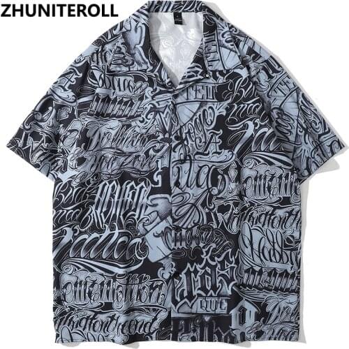 Fashion Letter Print Trends Hawaiian Beach Shirts Hip Hop Short Sleeve Button Up Streetwear Shirt Mens Summer Black Clothing