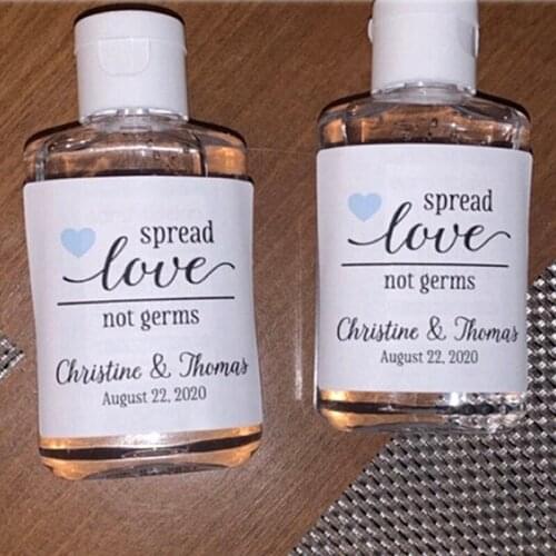 CustomiseWedding Favor Labels - Mini Sanitizer Labels for Wedding, Shower, Elopement - Spread Love, Not Germs - Gift for guests