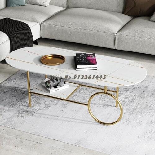Italian Rock Plate Tea Table Small Family Living Room Minimalist Sofa Tea Table Nordic Stone Plate Oval Double-layer Tea Table G