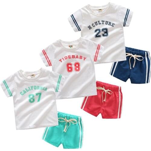 2019 new summer boys girls sets kids short sleeve t-shirt+shorts motion printing Numeric alphabet baby clothes suits clothing