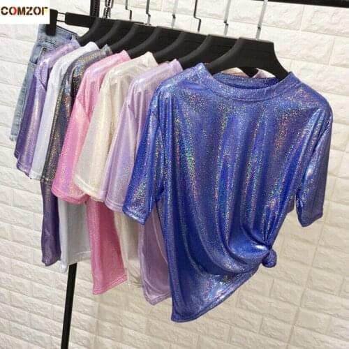 Korean women short sleeve t shirt reflect light summer new arrival fashion tshirt femme womens casual tops clothing