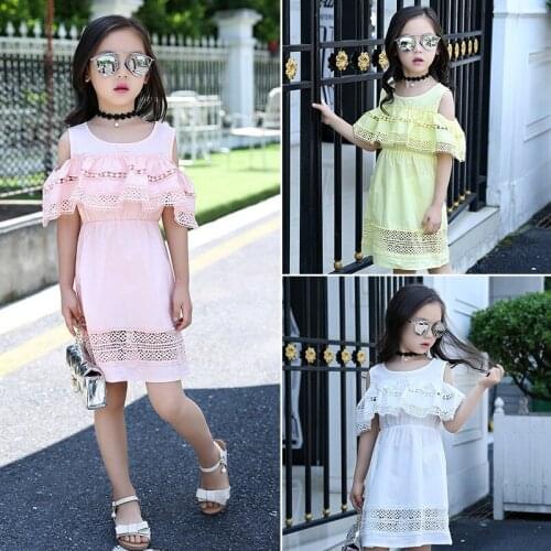 6 To 10 Years Kids & Teenager Girls 2019 Summer Off-shoulder Solid Ruffle Beach Dress Children Princess Sleeveless Dresses
