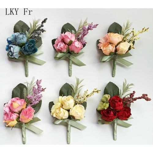 LKY Fr Man Wedding Boutonniere Silk Roses Corsage Bridesmaid Bracelet Flowers Witness Buttonhole Suit Accessories broche mariage