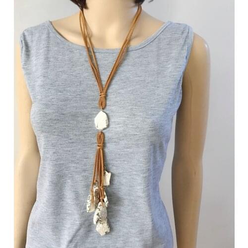Fashion Gray Rope Yellow White Stone Pendant Necklace