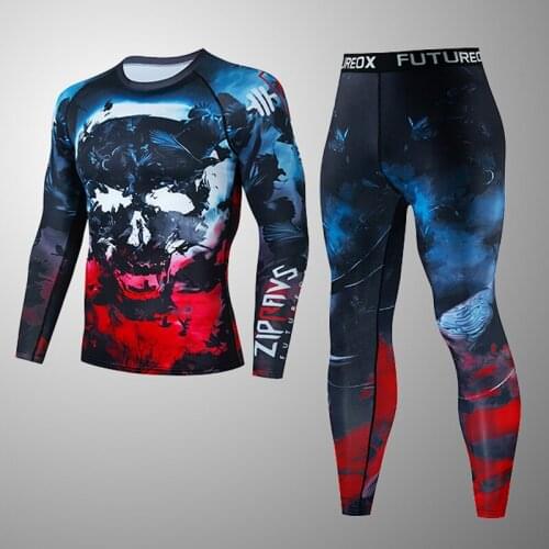 Mens Boxing Clothing MMA T-shirts+Pants Set Tracksuit Bjj Rashguard Jiu jitsu Gi T-shirt Skull Kickboxing Muay thai Sportwear