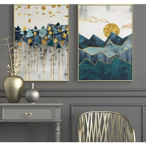 Nordic Abstract Geometric Mountain Landscape Wall Art Canvas Painting Golden Sun Art Poster Print Wall Picture for Living Room