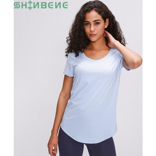 SHINBENE Slim Fit Naked-feel Fabric Workout Yoga Fitness T-shirt Top Women Hip-length Plain Running Gym Sport Short-sleeve Shirt