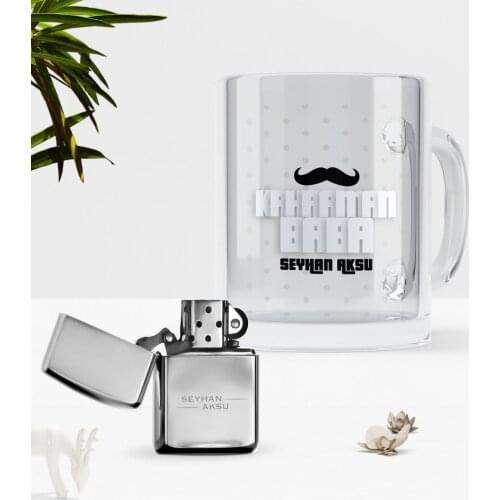 Personalized Hero Father Glass Mug Cup Gasoline Lighter Seti-2
