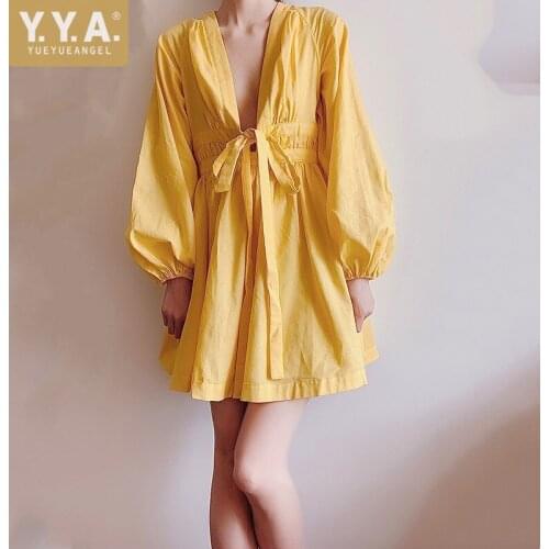 Women Sexy Deep V Neck Linen Dress Hawaii Lantern Long Sleeve High Waist Summer Dresses Female Solid Color Bohemian Short Dress