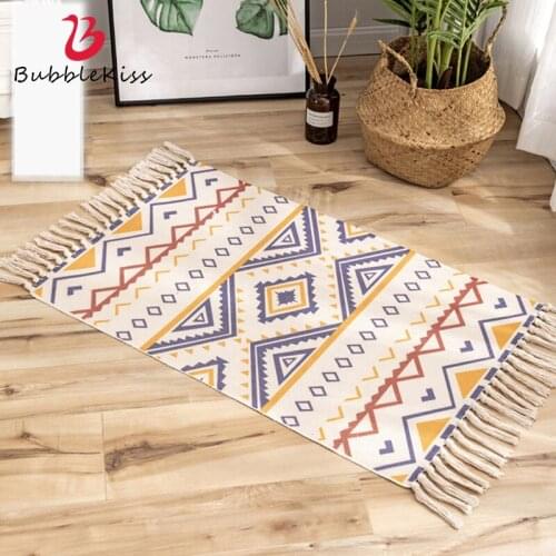 Bubble Kiss Tassel Carpet Bohemia Ethnic Style Casual Non-Slip Floor Mat Home Cotton Bedroom Decoration Hand-Woven Washable Rug