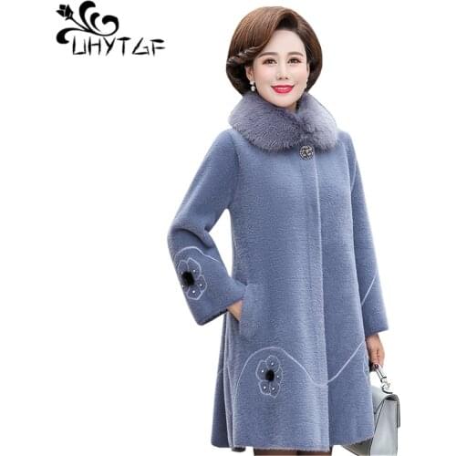 UHYTGF 5XL plus size luxury Gold velvet winter fur jacket woman elegant mom long coat Quality faux Mink Cashmere fur coats X706