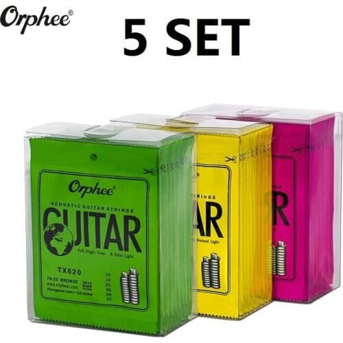 5 Set of Orphee TX620/630/640 Acoustic Guitar Strings Hexagonal Core+8% Nickel+75/25 Bronze Wound 1st-6th Strings
