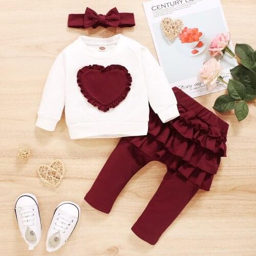 Baby Girl Spring Clothes Long Sleeve Ruffles Heart Top And Cute Pants Headband Toddler Girl Outfits Set 2021 Hot Sale Hoodies