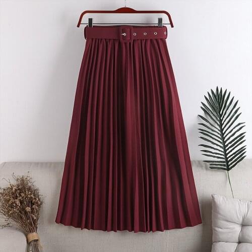 2021 New Fashion High Waist Womens Pleated Skirts With Belted Spring Summer Minimalism Elegant Office Female Mi-long