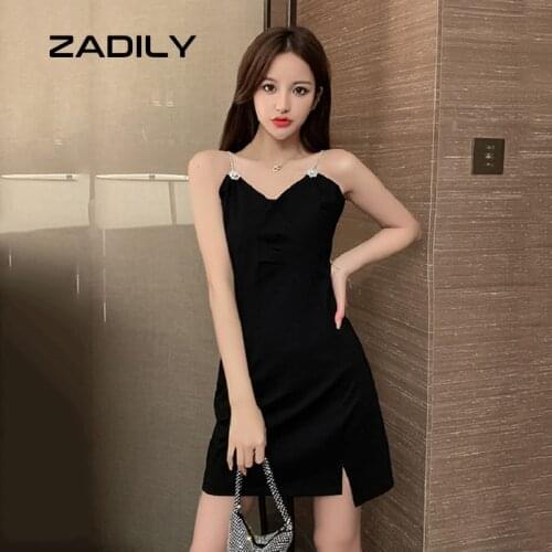 ZADILY Sexy Sleeveless V Neck Chain Women Black Bodycon Dress 2021 Summer Backless Spaghetti Strap Split Ladies Mini Dresses