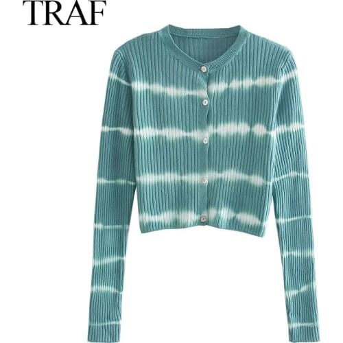 TRAF Womens Clothing Za Fashion Tie-dye Short Knit Sweater Jacket Retro Long-sleeved Cardigan Chic Top With Knitted Suspenders