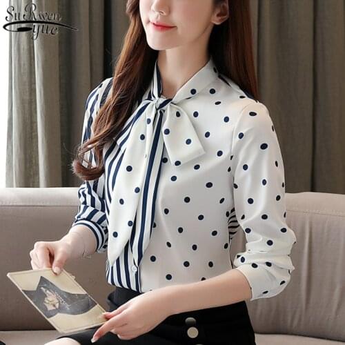 2021 White Polka Dot Chiffon Shirt Women Autumn Casual Long Sleeve Striped Women Blouse Bow Button Cardigan Ladies Tops 10755