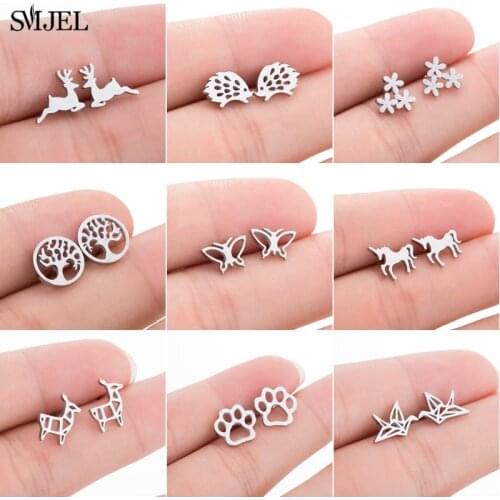 SMJEL Stainless Steel Earrings Women Hexagon Deer Tree Unicorn Geometric Stud Earrings Vintage Fashion Jewelry Ladies Gift