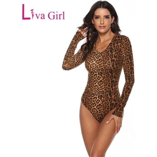 LIVA GIRL Long Sleeve Bodysuits Women Sexy Leopard Snake Print Bodysuit V-Neck Bodycon Jumpsuits Female Clothing Club Body Tops