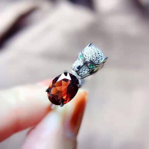 Real S925 Sterling Silver Natural High Quality Garnet Leopard Head Shape Ring Fashion Fine Charm Jewelry for Women