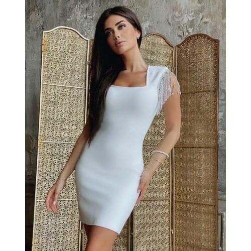 2021 Good Quality Summer women new sexy black white fringe diamonds Bandage Dress Party Evening Dress Wholesale dropship