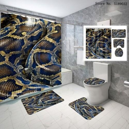 Snake Print Animals Bath Curtain Toilet Lid Cover Bath Carpet 4 Piece Animals Shower Curtain Bath Rug Mat Sets with Free Hooks