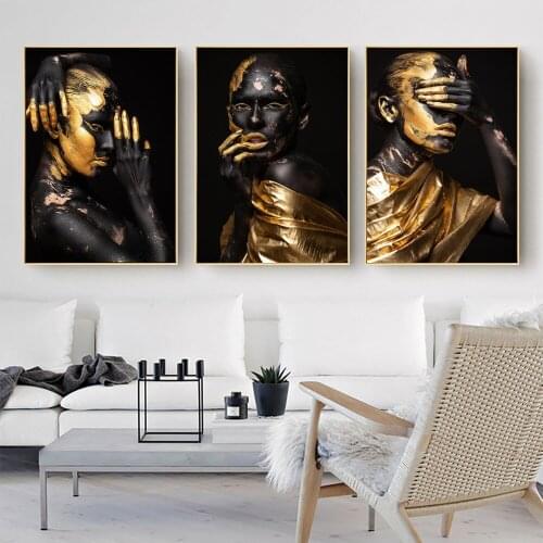 Golden Makeup Black Women Canvas Wall Art African Model Girl Posters And Prints Decorative Mural Painting For Living Room Cuadro