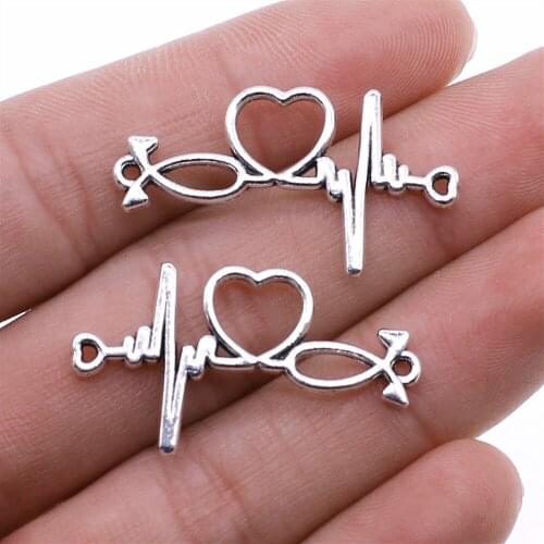 10Pcs 19x34mm ECG Love Connector Charms DIY Jewelry Accessories For Jewelry Making Antique Silver Color Alloy Charms
