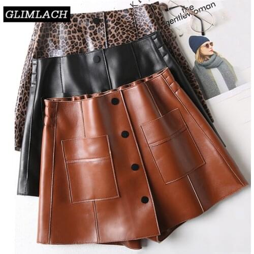 2021 New 100% Sheepskin Soft Real Leather Shorts Women Leopard Print Single Breasted Genuine Leather Shorts Skirt Female Fashion