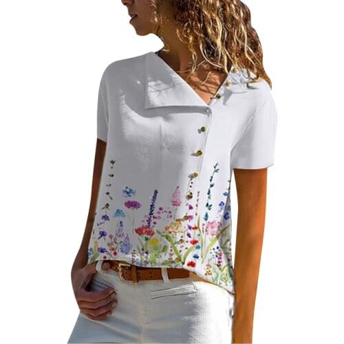 63# Women V Neck T-shirt Short Short Sleeve Shirt Womens Casual Printed Short Sleeve Button Tee Top Female Clothing Blouse