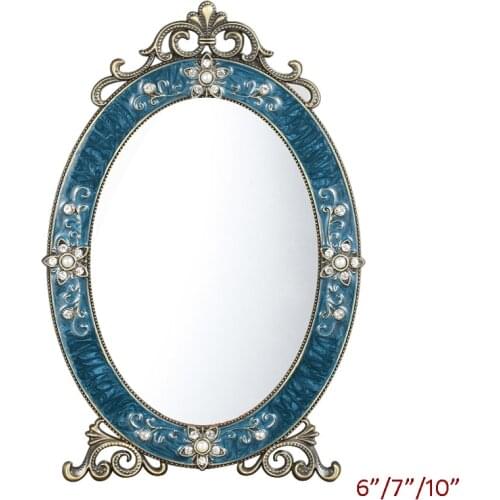 Antique Brass Blue Jeweled 4x6 5x7 8x10 inches Oval Metal Alloy Framed Tabletop Decor Mirror