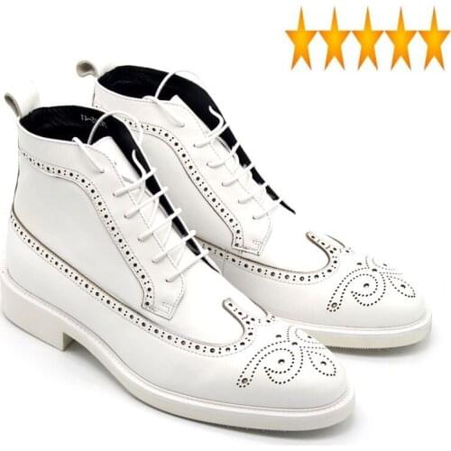 Wing Tip Mens White Brogue Ankle Handmade Genuine Leather High Top Motorcyle Boots Male Pointed Toes Derby Shoes