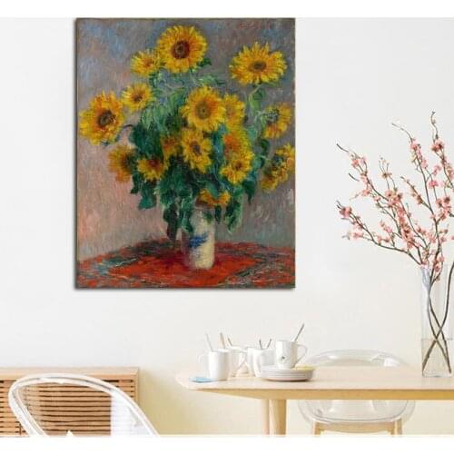 Claude Monet reproduction Bouquet of Sunflowers vase of yellow flowers Wall Art For Home Kitchen Dinning Room Deocr