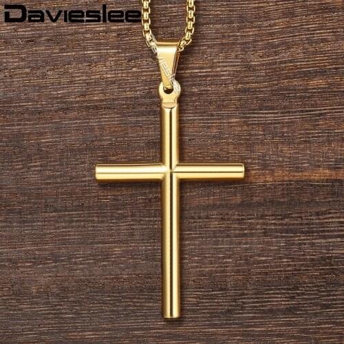 Davieslee Cross Pendant Necklace Mens Chain Box Link Stainless Steel Gold Silver Color DKPM139