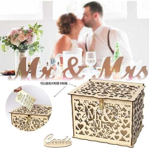 DIY Wedding Gift Card Box Wooden Money Box with Lock Beautiful Wedding Decoration Supplies for Birthday Party