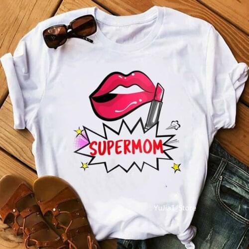 Supermom Letter Print T Shirt Women Clothes 2021 Red Lips Lipstick Star Tshirt Femme Harajuku Shirt Female T-Shirt Streetwear