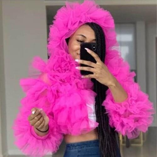 Hot Pink Tiered Tulle Short Hoodie Women Puffy Mesh Long Sleeves Chic Tutu Hoodies with Zipper Plus Size Custom Made