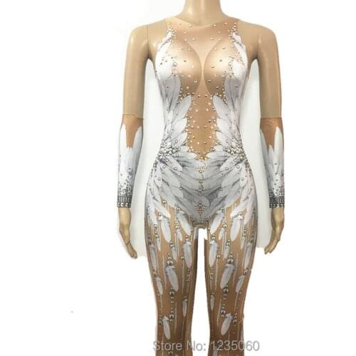 Crystals Wings Angel Jumpsuit White Feather 3D Printed Bodysuit Nigthclub Singer Dance Outfit Rhinestones Stage Rompers dress