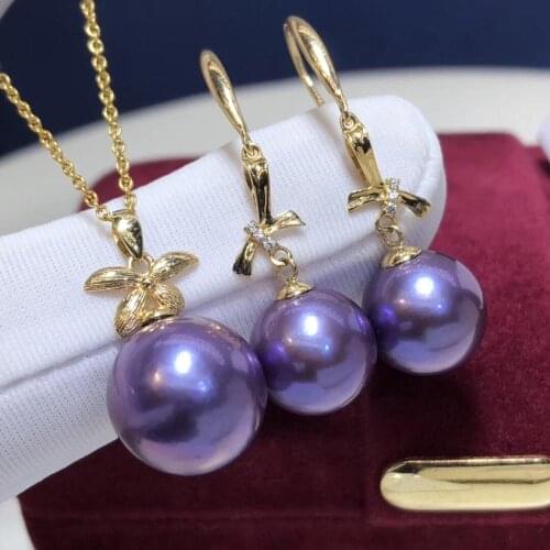 Fine Jewelry 18K Yellow Gold Natural Fresh Water Purple Pearl 10-13mm Females Jewelry Sets for Women FIne Jewelry Sets