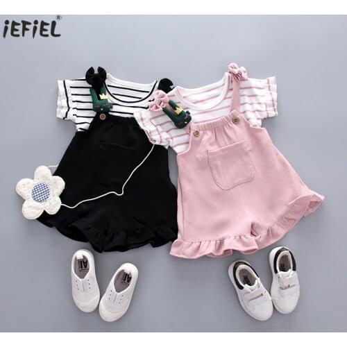 Summer Infant Baby Girls Clothes Sets 2Pcs Pink Striped Top Strap Shorts 1st Birthday Outfits Newborn Clothing 9M-4 Years Set