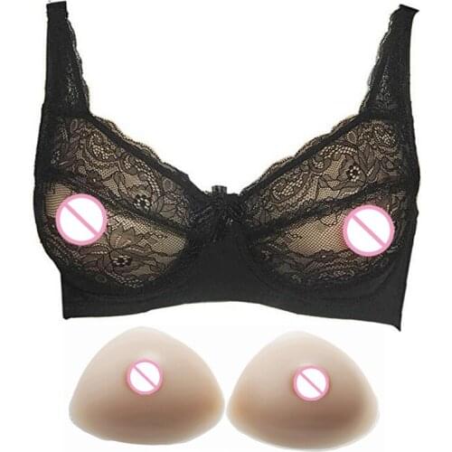 Mastectomy Lace See-Through Pocket Bra Wire-Free Underwear With Silicone Breast Boobs Enhancer for Female Cosplay Ladyboy Ajusen
