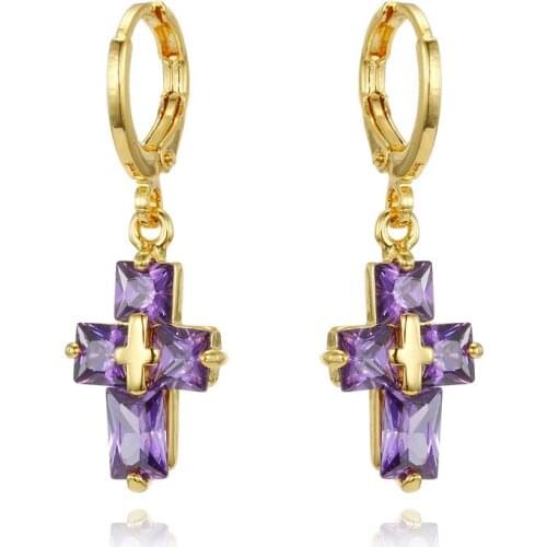 Fashion European Purple Rhinestone Cross Hoop Earrrings for Women Jewelry Punk Crystal Circle Earrings Party Earing Hoop Earing