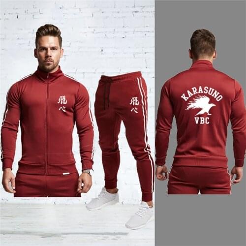 New Men Fashion Striped Long Sleeve Sportswear +Pants Set Tracksuit Karasuno High School Haikyuu Sport Round Neck Casual Suit