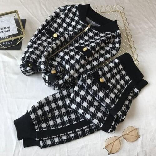 Retro Black And White Thousand Bird Plaid Casual Wide Leg Lantern Pants Suit Womens Spring Fashion Two Piece Set