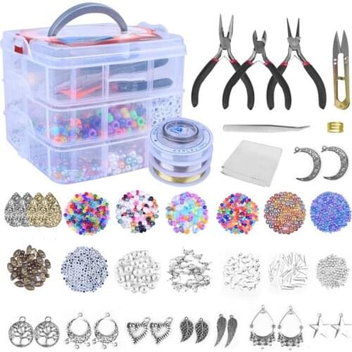 DIY Necklace Bracelet Earrings Jewelry Making Supplies Kit with Assorted Beads Charms Findings Wire Cord Pliers